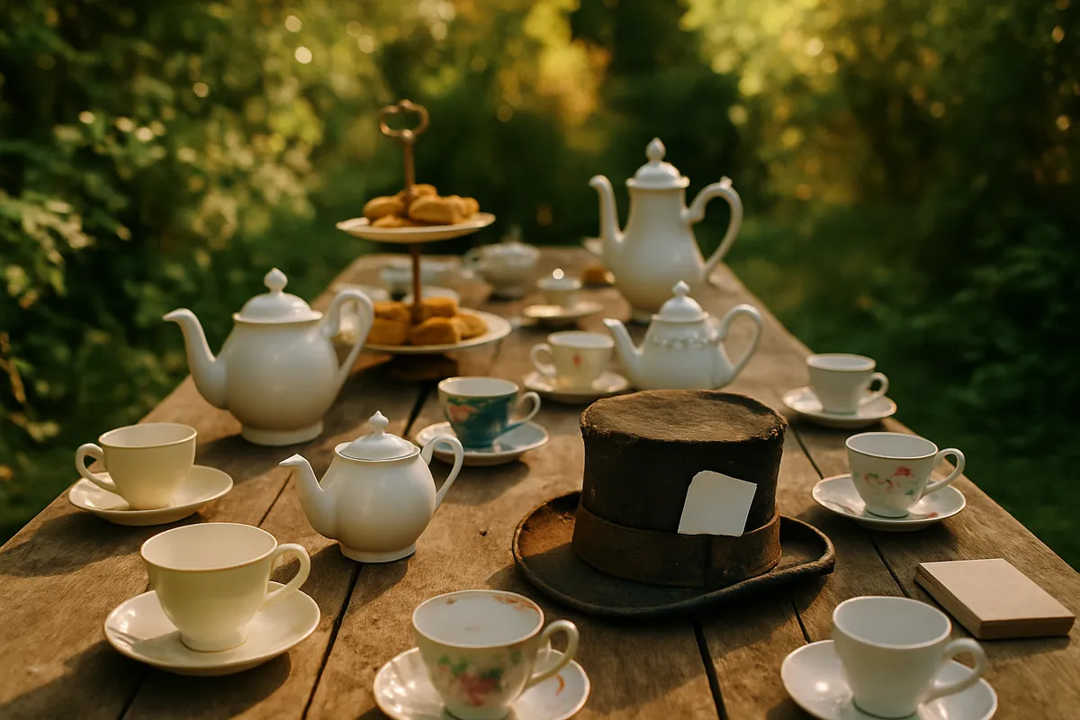 Outdoor table of mismatched teacups and teapots with a battered top hat among them