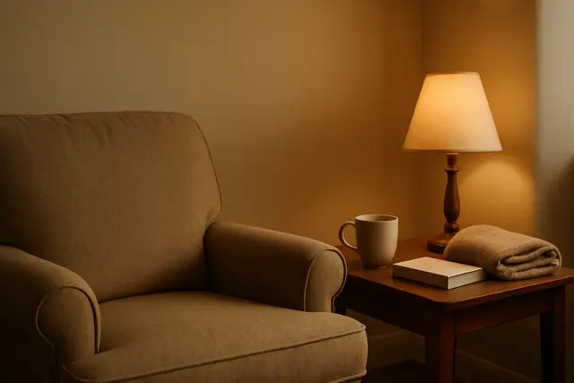Quiet corner with a comfortable chair, mug, folded blanket and a book on a side table