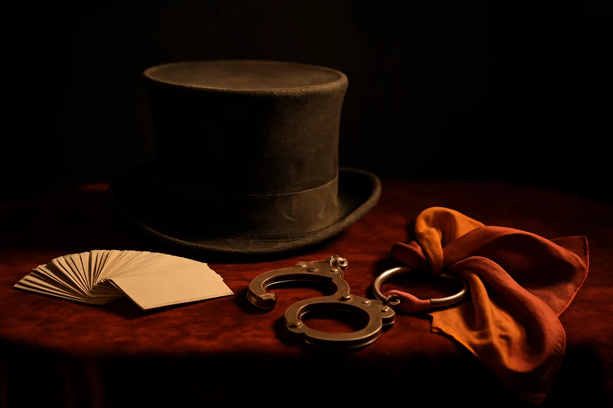 Upturned top hat on a velvet table beside fanned cards, handcuffs and a silk scarf
