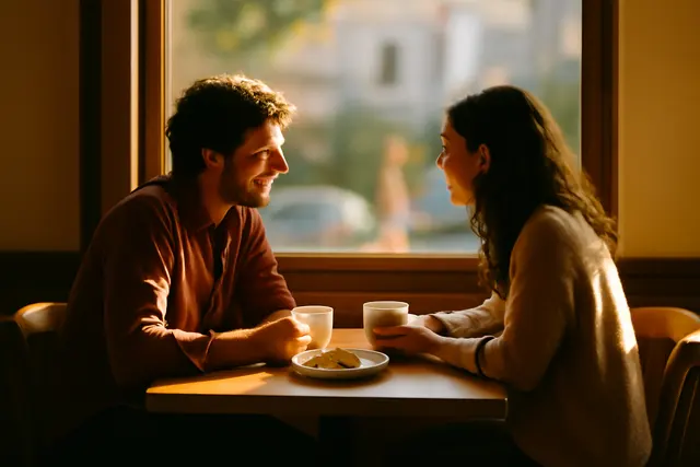 Two people mid-conversation at a cafe table with coffee cups in warm afternoon light