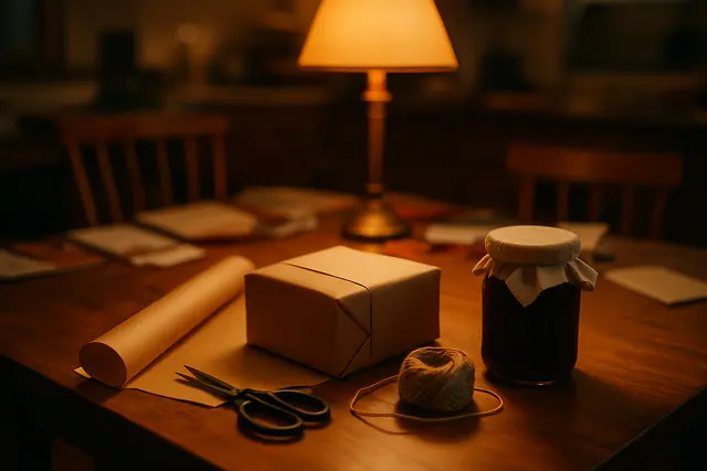 Half-wrapped handmade gift on a table with brown paper, twine and a jar of preserves