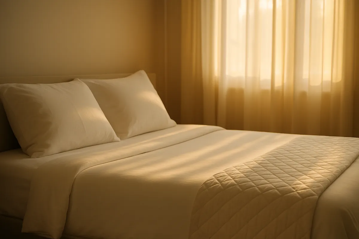 A neatly made bed with white linens and a folded quilt in morning light