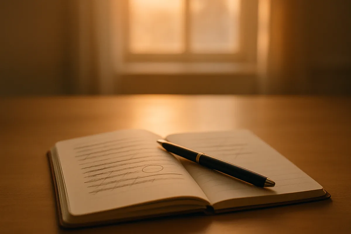 Open notebook with several handwritten lines crossed out and one circled, pen resting across