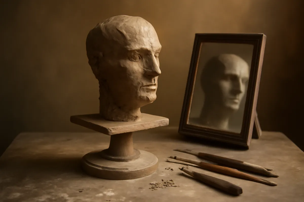 Half-finished clay head on a modeling stand beside a propped mirror and sculpting tools
