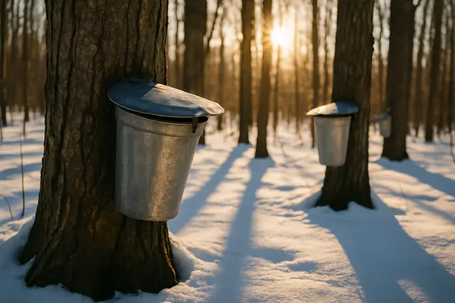 Metal sap buckets hanging from tapped maple trunks in snowy woodland in low winter sun