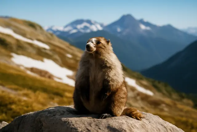 Hoary marmot sitting upright on a boulder on an alpine slope with peaks behind