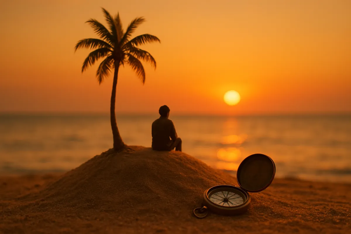 A lone figure on a tiny island beside a brass compass lying in the sand