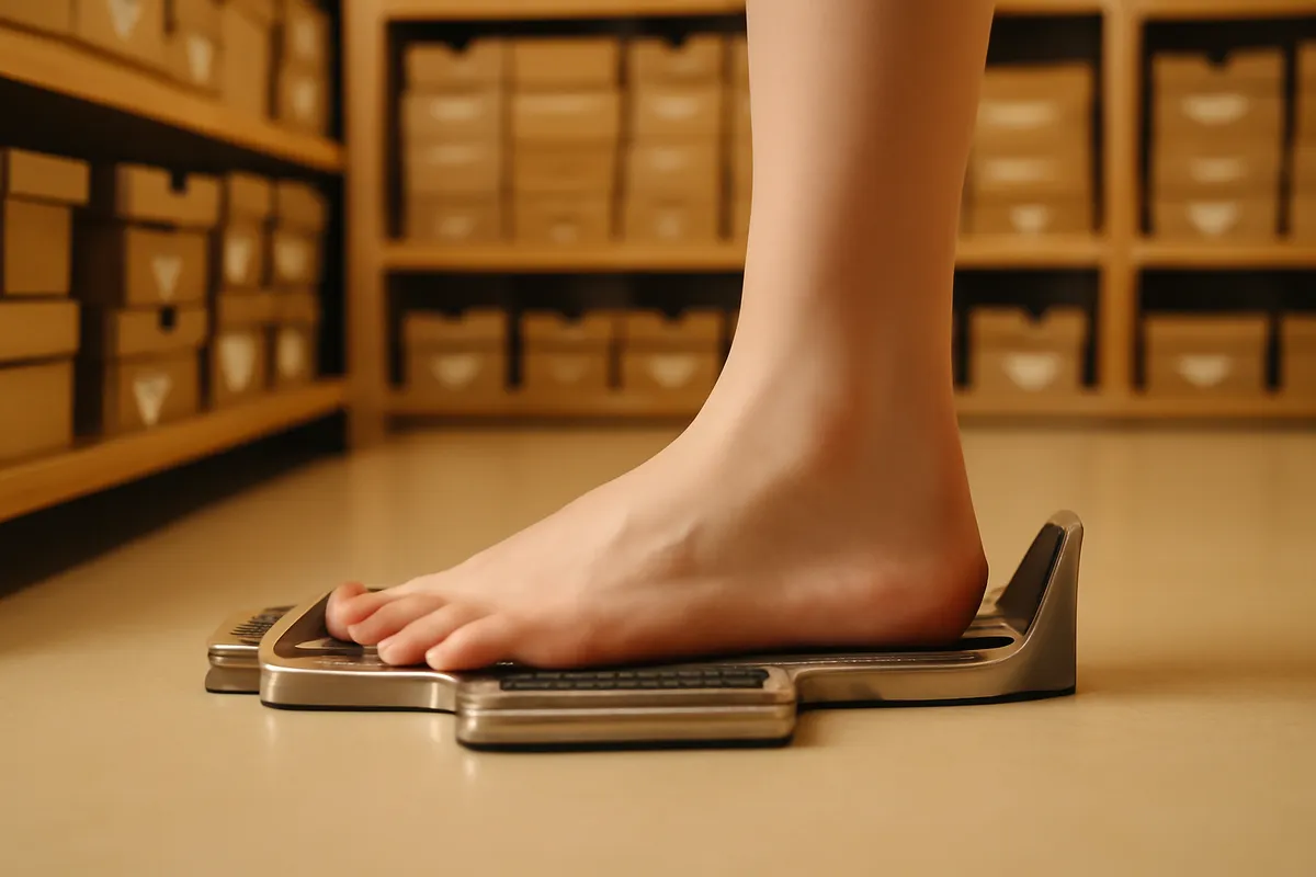 Bare foot on a metal shoe measuring gauge with shoe boxes stacked behind