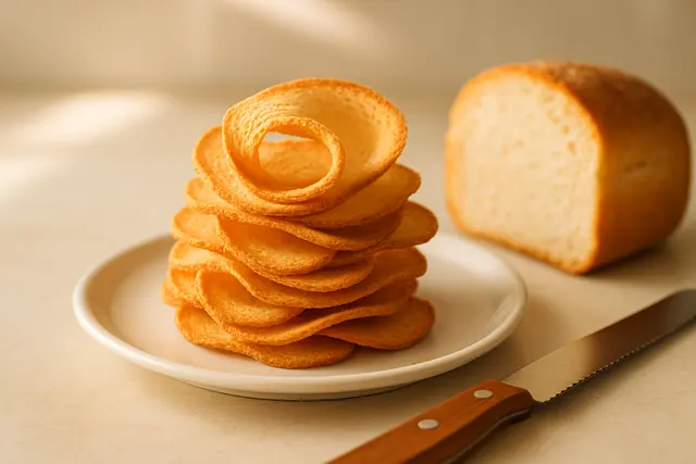 Thin curled melba toast stacked on a white plate beside a bread knife and loaf end