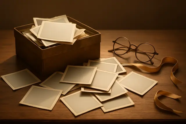 A shoebox of old snapshots spilled across a wooden table