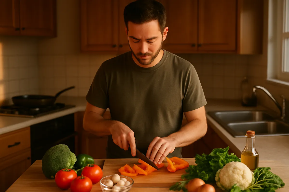 Man chopping vegetables at a kitchen counter with a pan heating and ingredients laid out