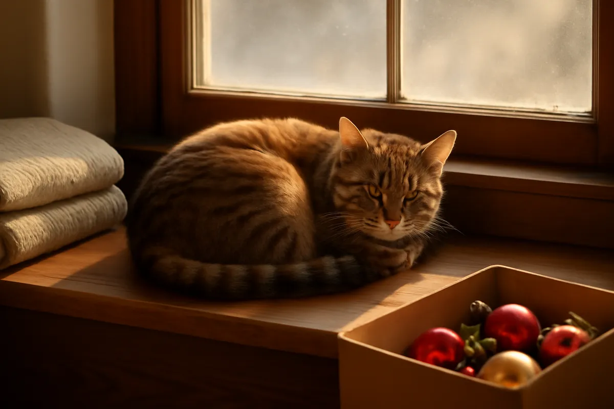 Tabby cat curled in a sunlit window seat beside a box of packed holiday decorations