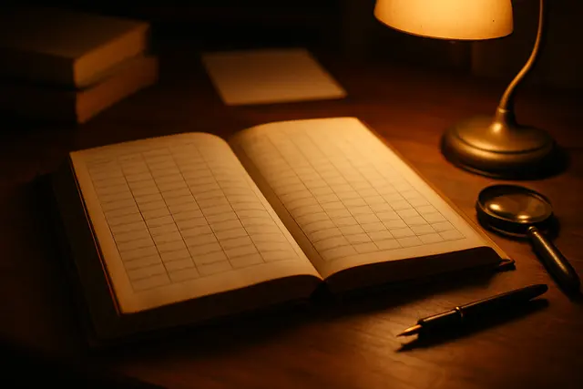 Old handwritten birth register page open on a desk beside a fountain pen and magnifier