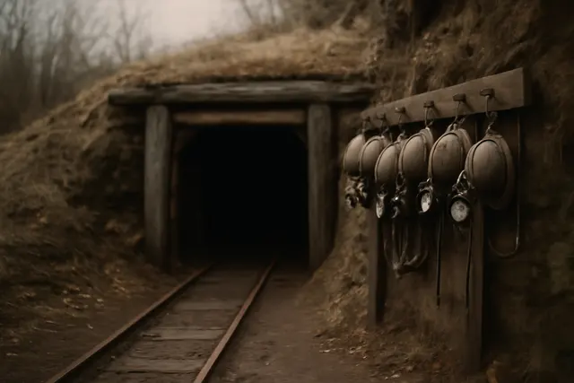 Weathered mine entrance in a hillside with rail tracks and worn helmets hung beside it