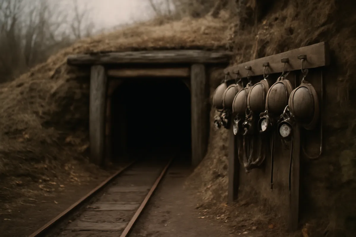 Weathered mine entrance in a hillside with rail tracks and worn helmets hung beside it