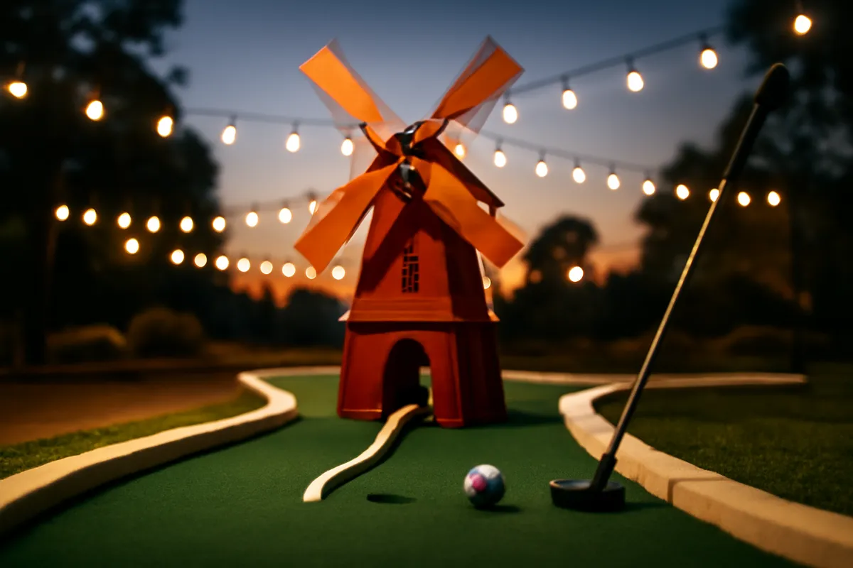 Miniature golf course at dusk with a red windmill obstacle, carpeted green and a putter