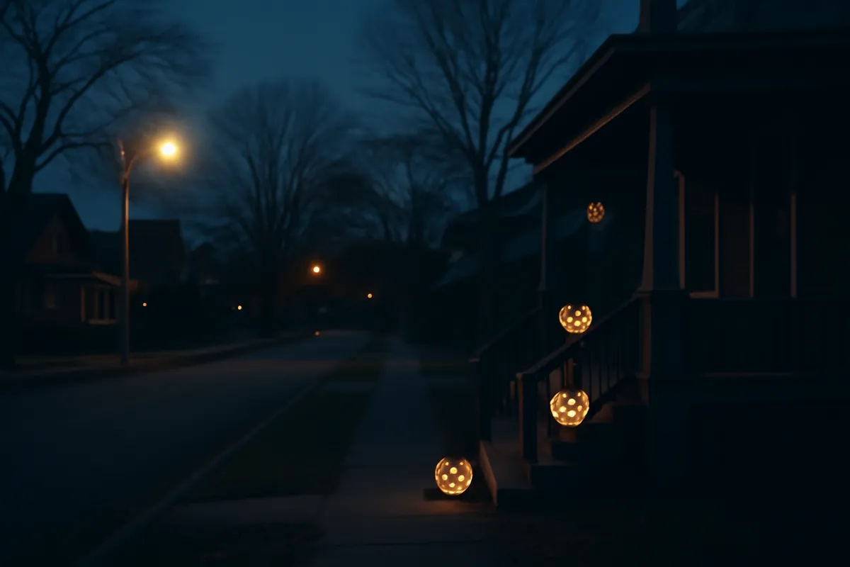 Quiet suburban street at dusk with carved pumpkins glowing on porch steps