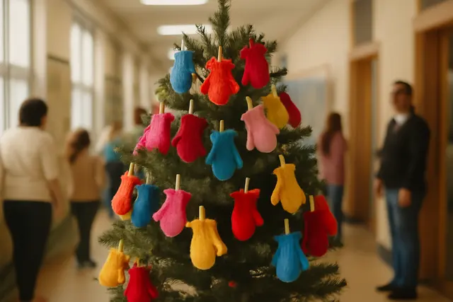 Small evergreen tree hung with pairs of brightly colored knitted mittens as ornaments