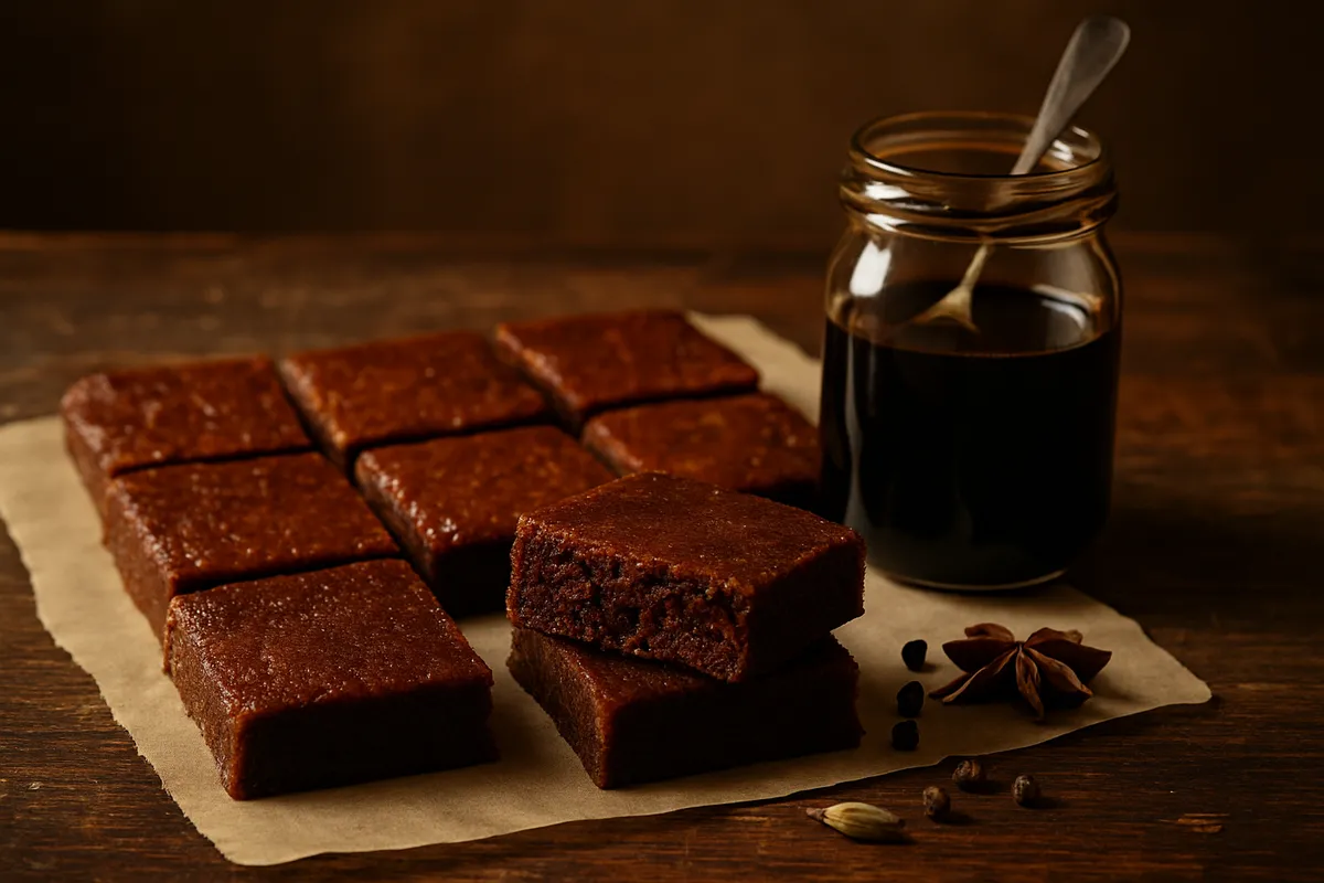 Dark molasses bars cut into squares with one lifted, beside a jar of thick dark syrup