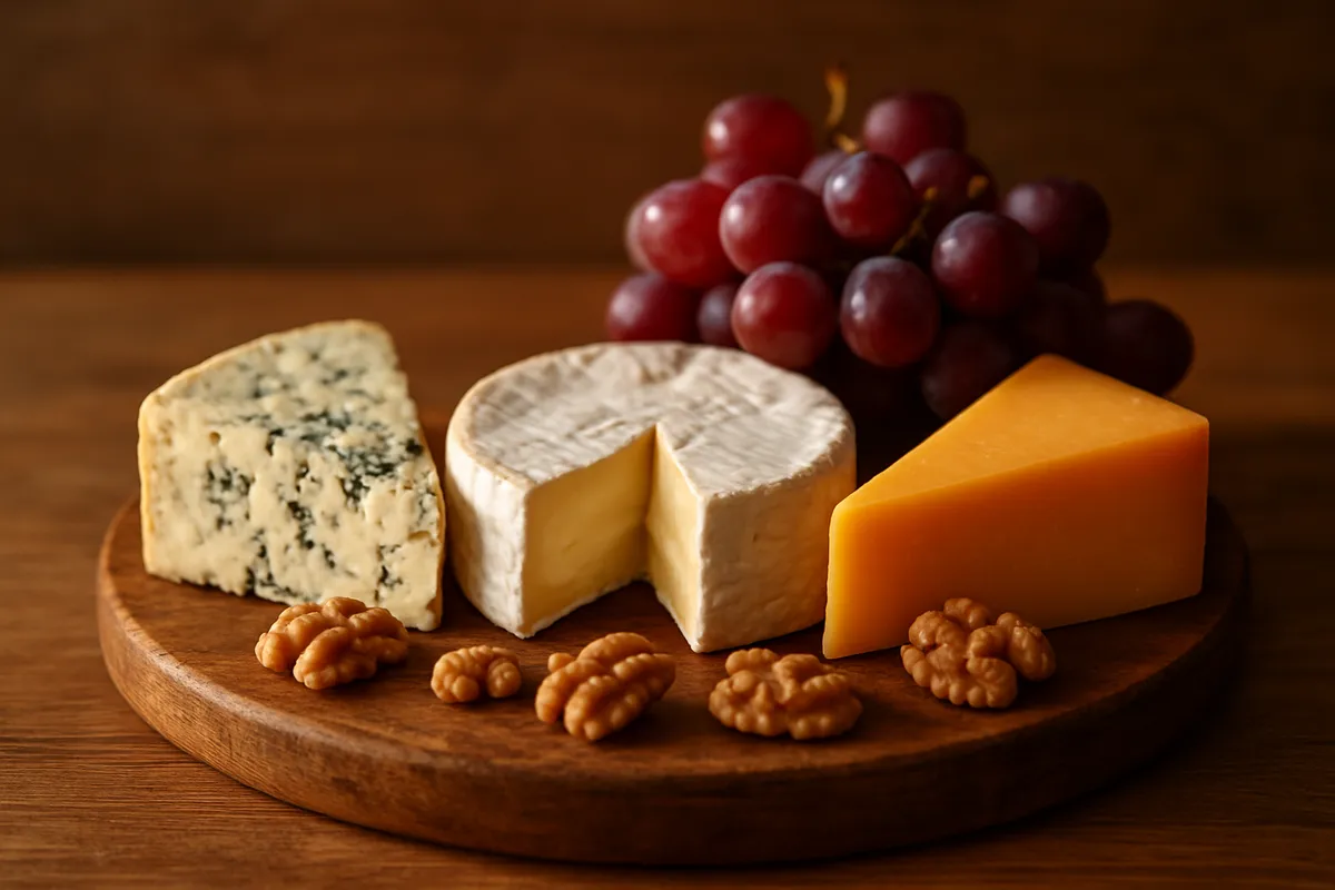 A board of blue cheese, brie and cheddar with grapes and walnuts