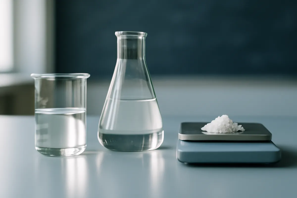 Chemistry bench with a beaker, flask and precision balance holding white crystals