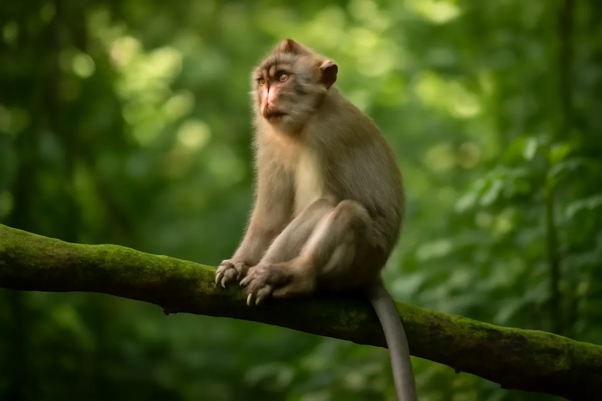 Macaque sitting on a mossy branch in dappled forest light with tail hanging below