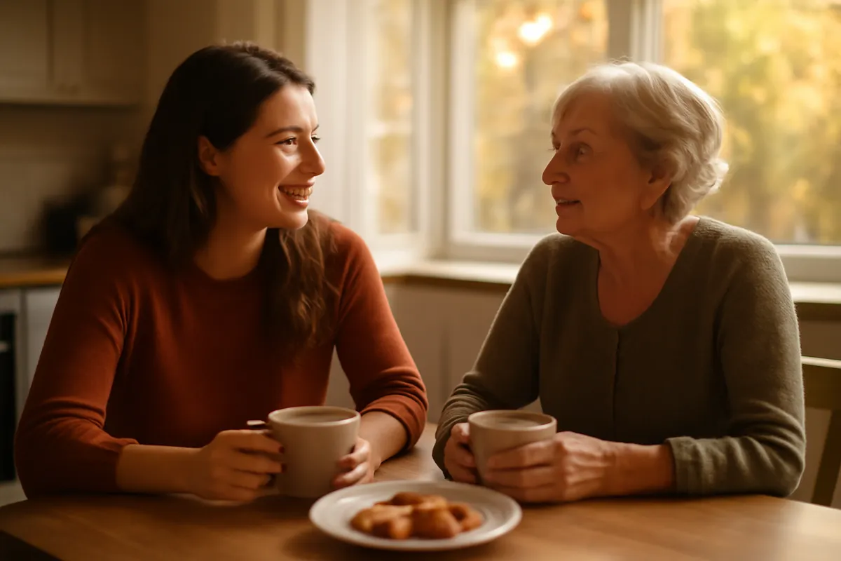 Two women of different generations talking over tea and biscuits at a kitchen table
