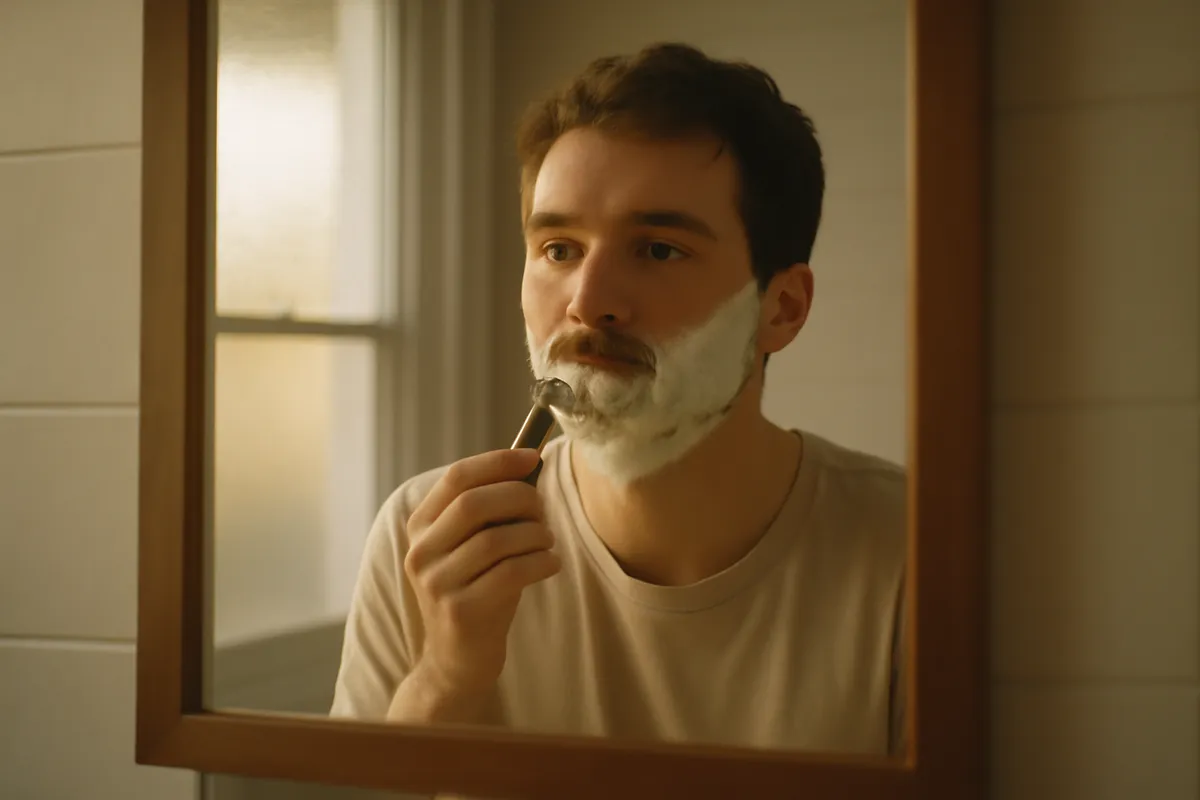 Man mid-shave in a bathroom mirror leaving the upper lip untouched, razor in hand
