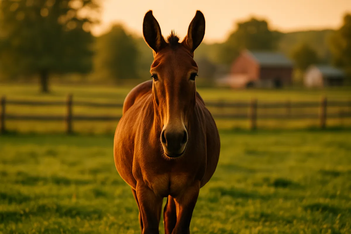 A brown mule standing in a green pasture at golden hour