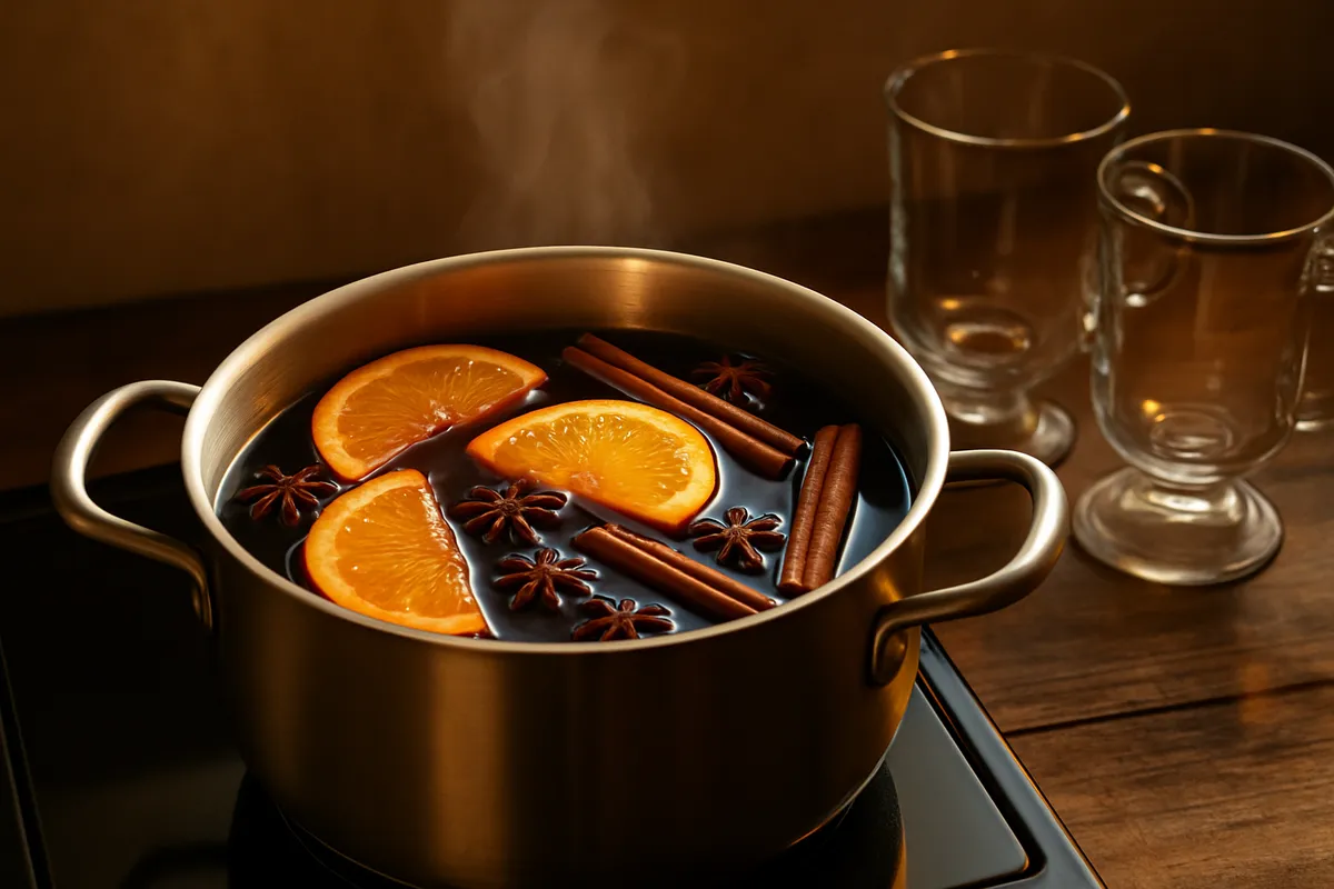 Pot of mulled wine steaming with orange slices, cinnamon and star anise, mugs beside it