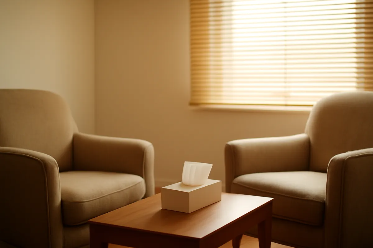 Quiet therapy room with two armchairs facing each other and daylight through a blind