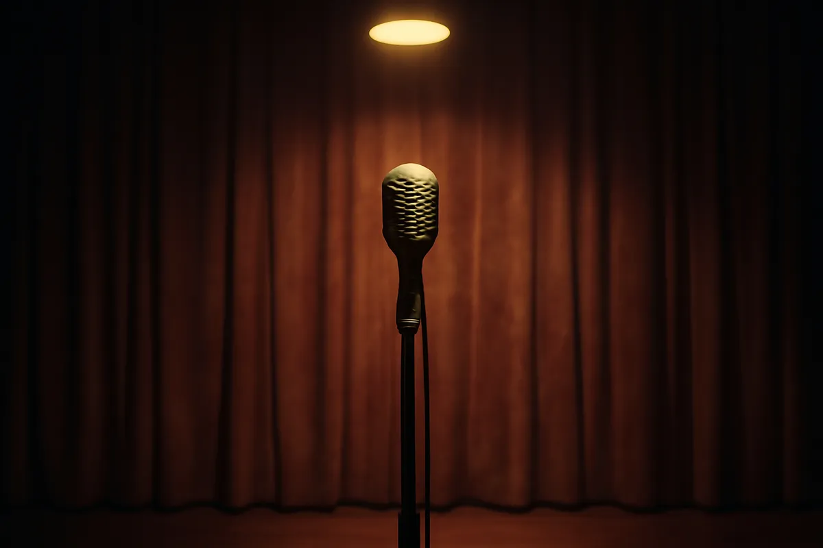 Empty microphone on a stand under a single spotlight in a dim club