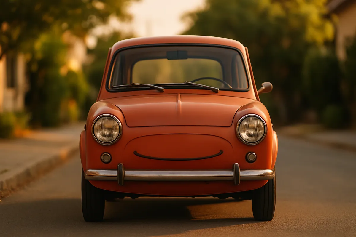 A friendly vintage compact car parked on a quiet street