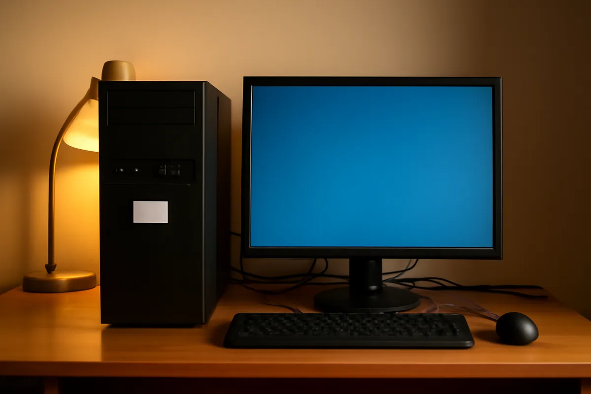 Desktop computer tower and monitor on a home office desk with a blank sticker on the case