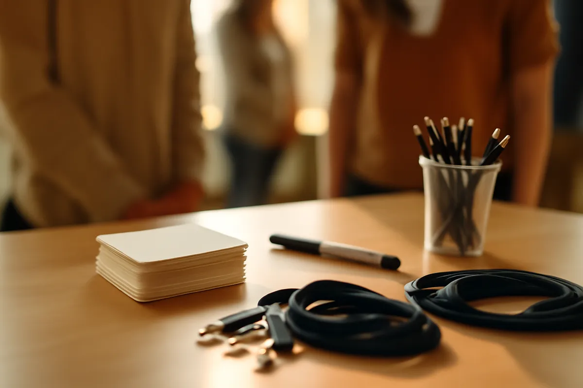 Stack of blank adhesive name badges on a registration table beside a marker and lanyards