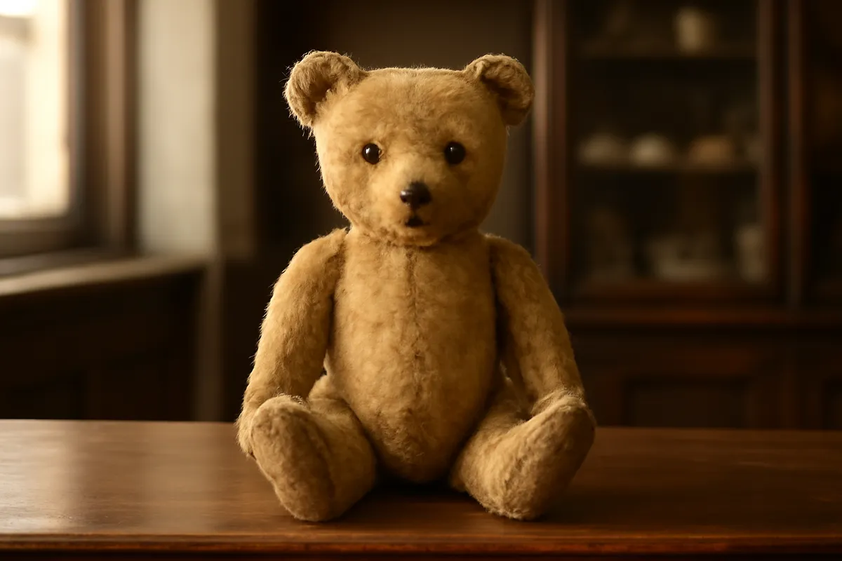 Antique jointed mohair teddy bear with worn fur seated upright on a wooden shop counter