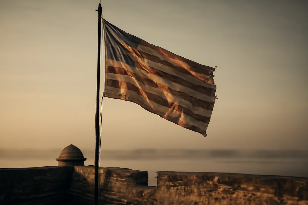 Large weathered flag flying above a stone fort wall against an early morning sky