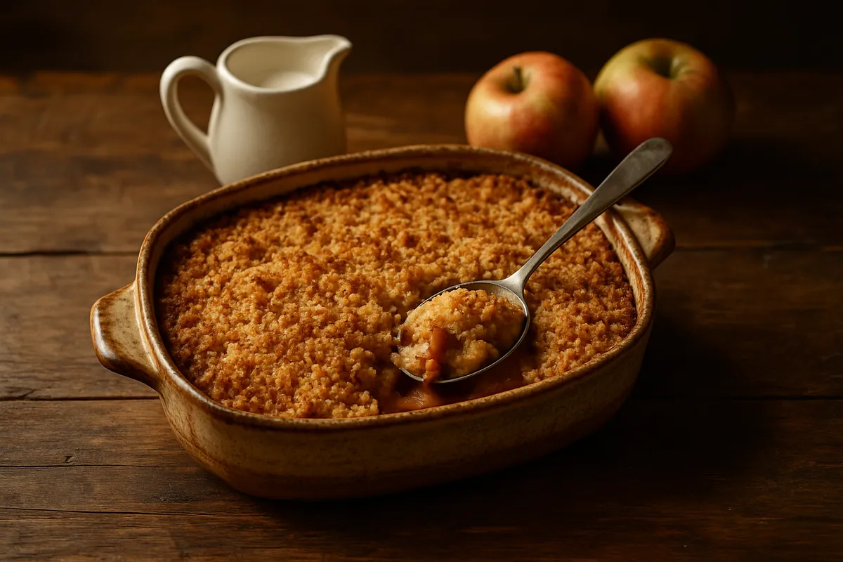Ceramic dish of golden apple betty with a spoon lifting a portion, cream and apples beside