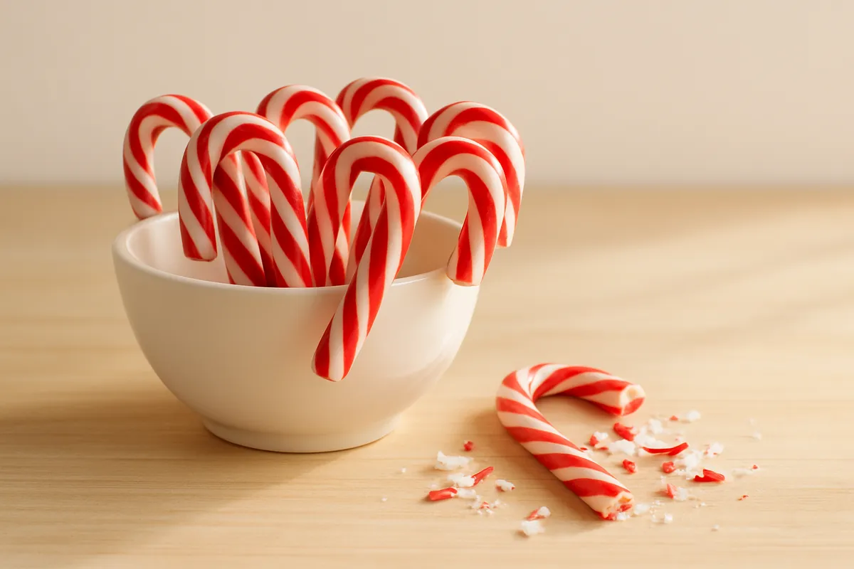 Red and white candy canes hooked over a white bowl with one broken into shards beside it