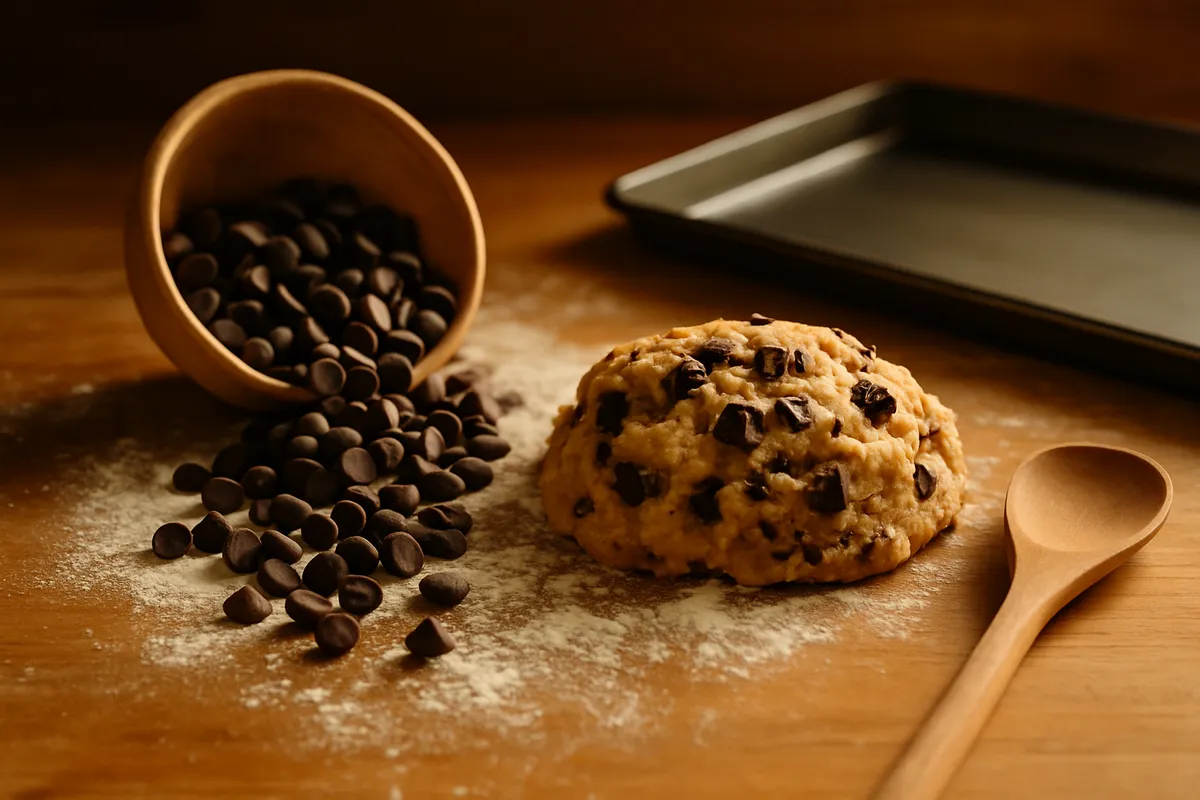 Bowl of chocolate chips spilling onto a floured counter beside studded cookie dough