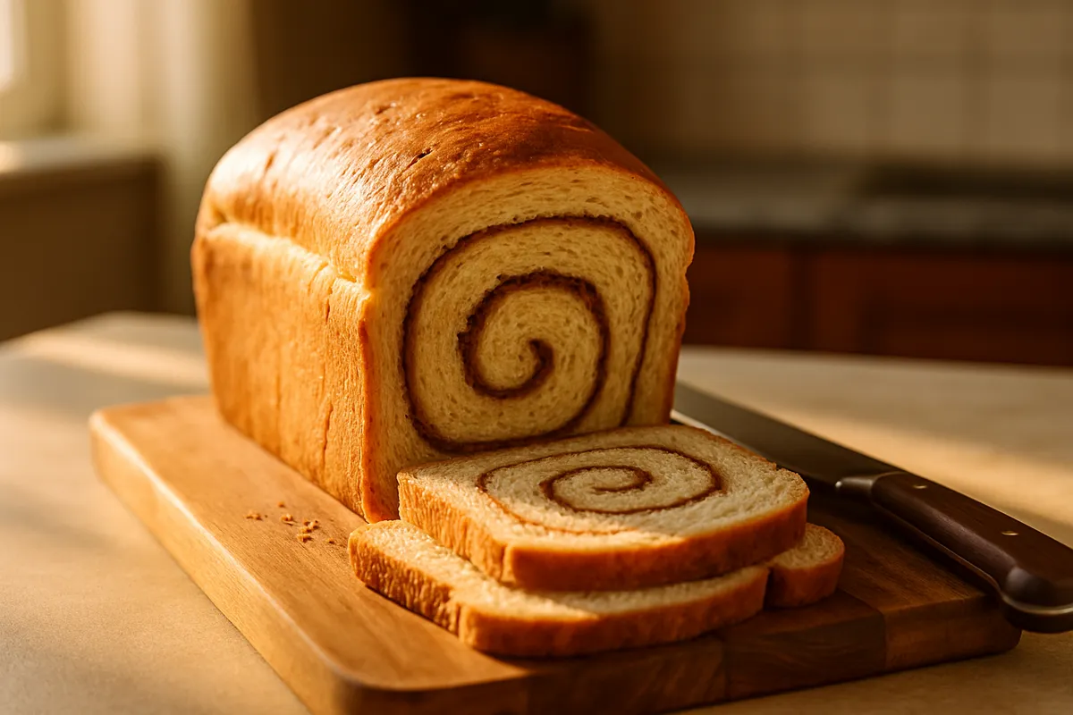 Sliced loaf of cinnamon swirl bread on a wooden board showing the spiral in the crumb