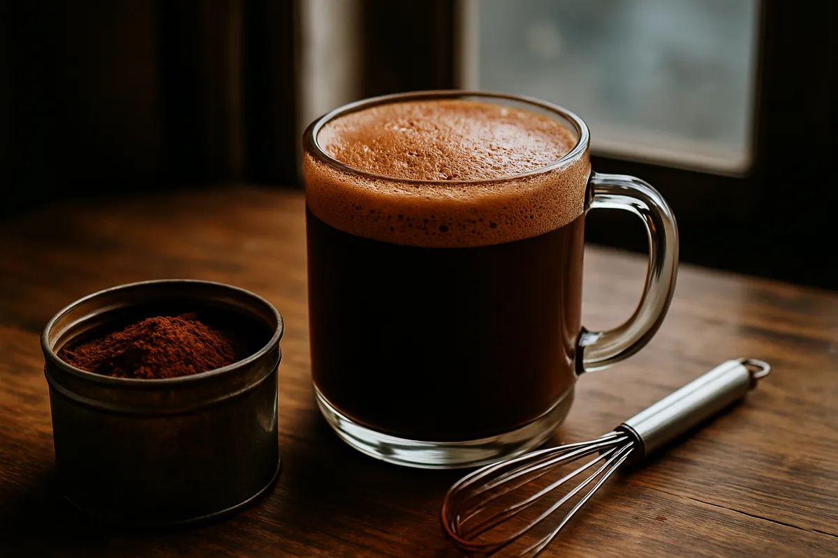 Mug of dark hot cocoa with foam beside an open tin of cocoa powder and a whisk