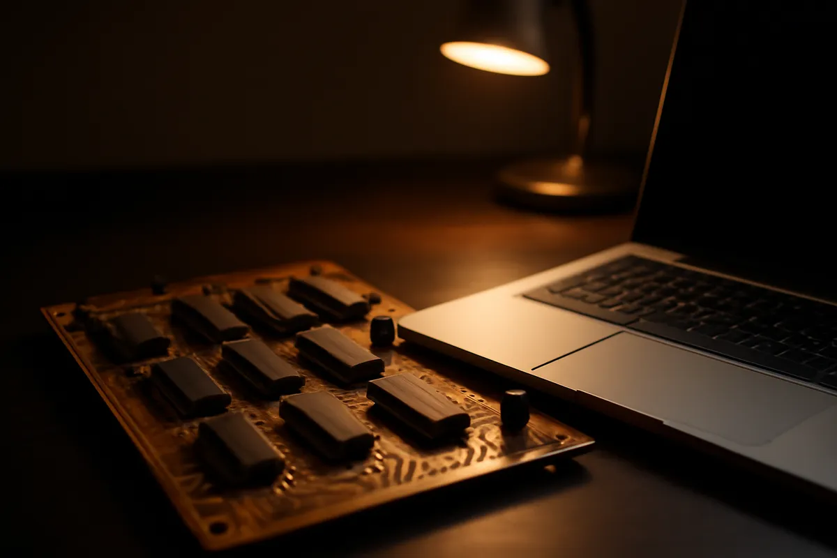 Vintage circuit board beside a modern laptop on a dark desk under warm lamp light