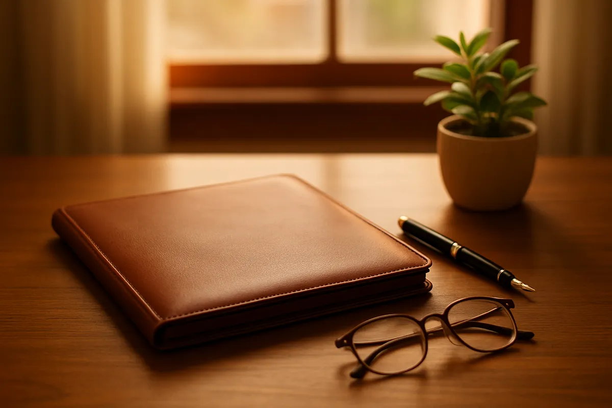 A tidy wooden desk with a closed leather portfolio, fountain pen, reading glasses and a small potted plant