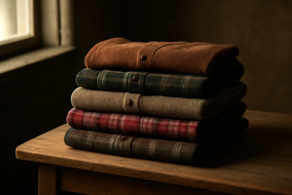 Folded stack of plain and checked flannel shirts on a wooden bench in raking light