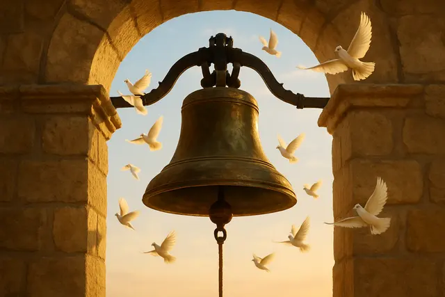 A bronze bell in a stone archway with white doves taking flight