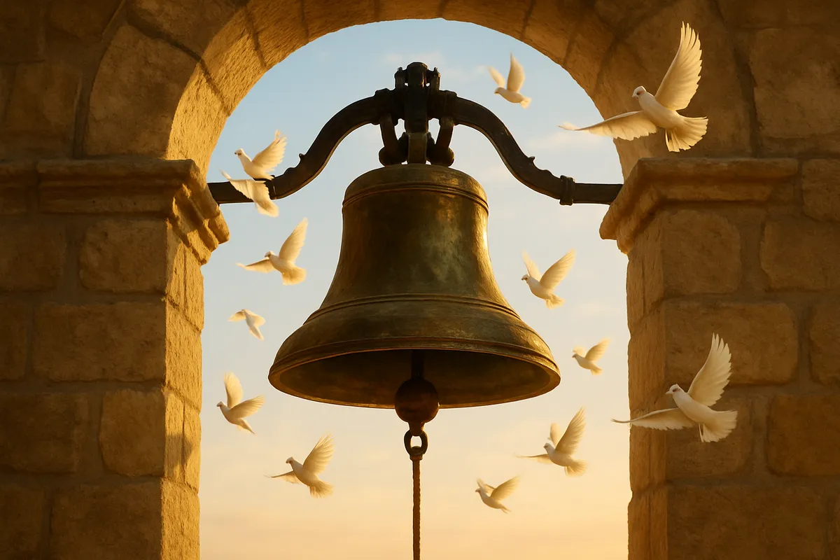 A bronze bell in a stone archway with white doves taking flight