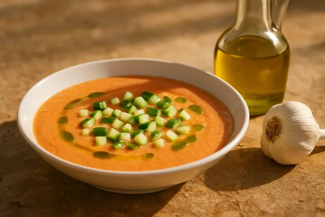 White bowl of pale gazpacho drizzled with olive oil beside a bottle of oil and garlic