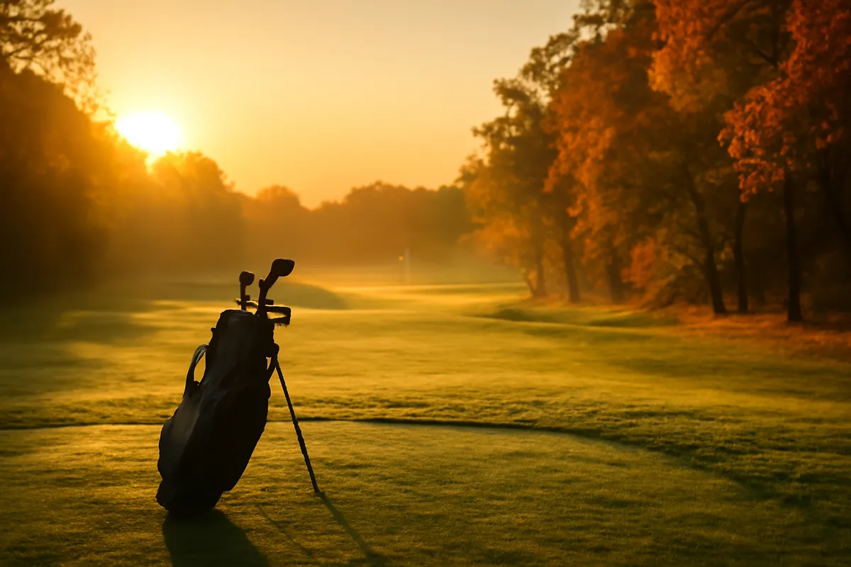 Autumn golf course at sunrise with dew, turning leaves and a bag of clubs near the tee