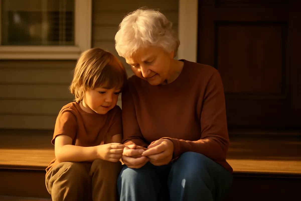 An older person and a child sitting together on a porch step in late afternoon light
